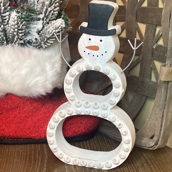 Modern Farmhouse Whitewashed Wood & Metal Winter Holiday Snowman - Picture 8 of 9